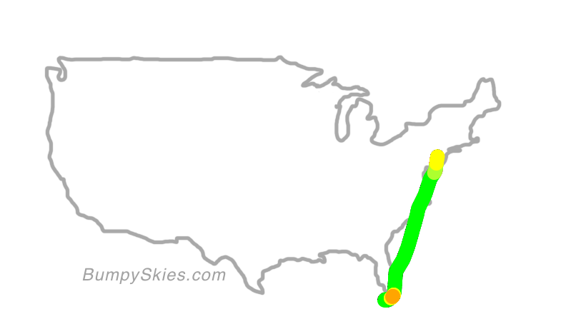 Map of continental US with illustrated flight path and turbulence forecast (described in text below)