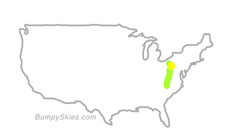 Map of continental US with illustrated flight path and turbulence forecast (described in text below)