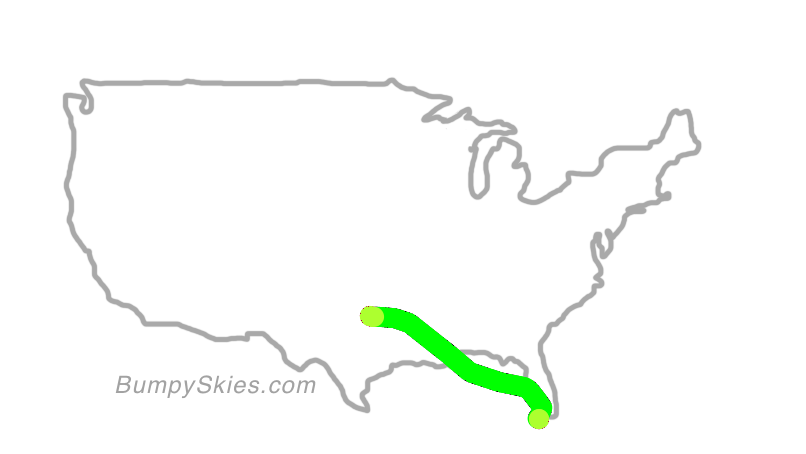 Map of continental US with illustrated flight path and turbulence forecast (described in text below)