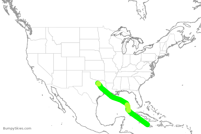 Turbulence forecast map for AAL1337, MBJ to DFW