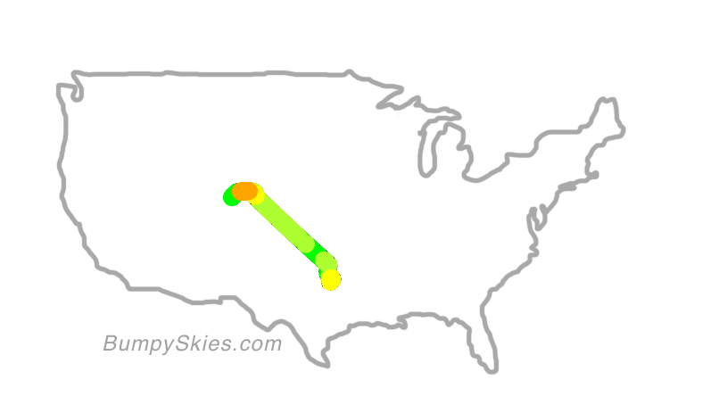 Map of continental US with illustrated flight path and turbulence forecast (described in text below)