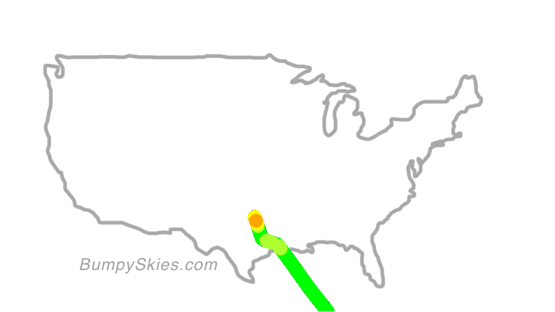 Map of continental US with illustrated flight path and turbulence forecast (described in text below)