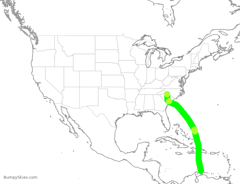 Turbulence forecast map for AAL1346, CLT to AUA