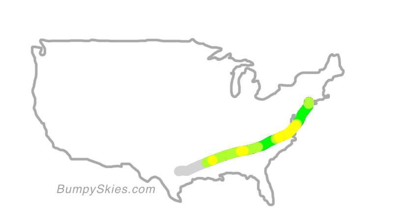 Map of continental US with illustrated flight path and turbulence forecast (described in text below)