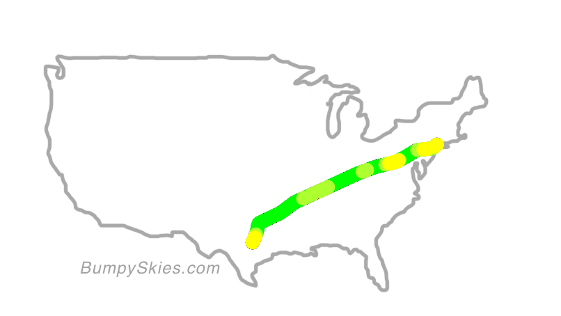 Map of continental US with illustrated flight path and turbulence forecast (described in text below)