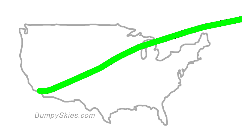 Map of continental US with illustrated flight path and turbulence forecast (described in text below)