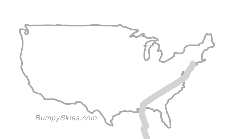 Map of continental US with illustrated flight path and turbulence forecast (described in text below)