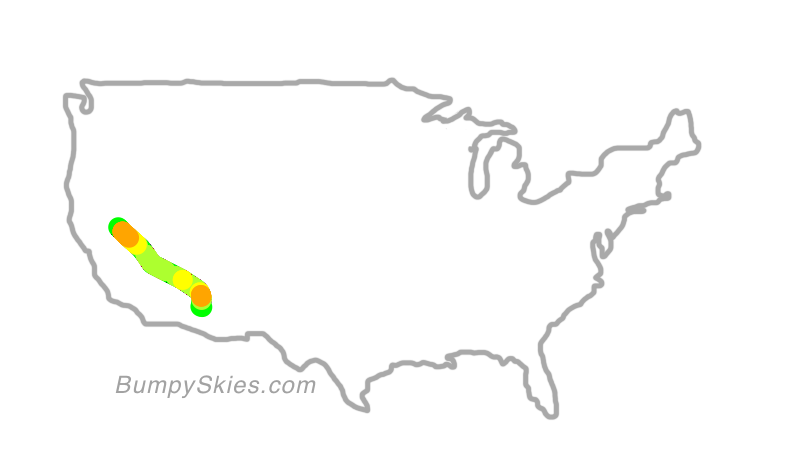Map of continental US with illustrated flight path and turbulence forecast (described in text below)