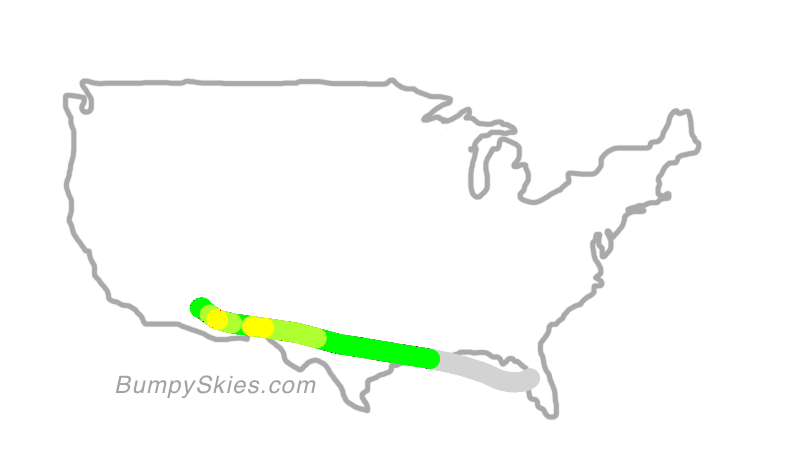 Map of continental US with illustrated flight path and turbulence forecast (described in text below)