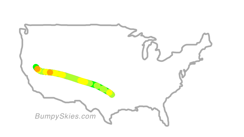 Map of continental US with illustrated flight path and turbulence forecast (described in text below)