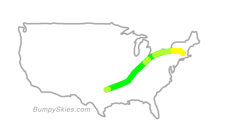 Map of continental US with illustrated flight path and turbulence forecast (described in text below)