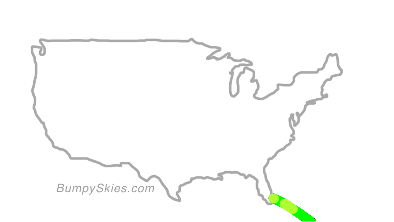 Map of continental US with illustrated flight path and turbulence forecast (described in text below)