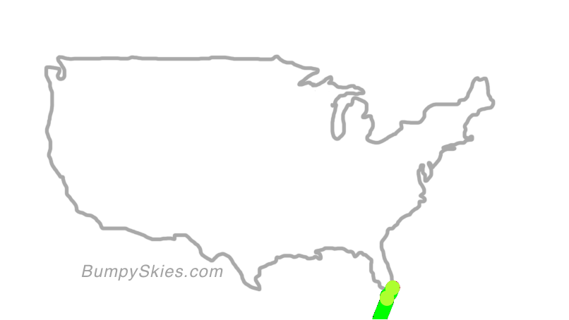 Map of continental US with illustrated flight path and turbulence forecast (described in text below)