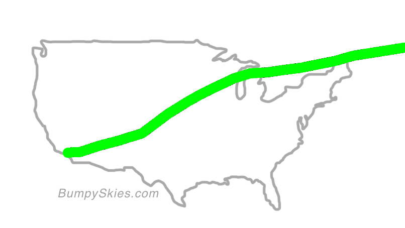 Map of continental US with illustrated flight path and turbulence forecast (described in text below)