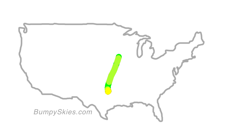 Map of continental US with illustrated flight path and turbulence forecast (described in text below)