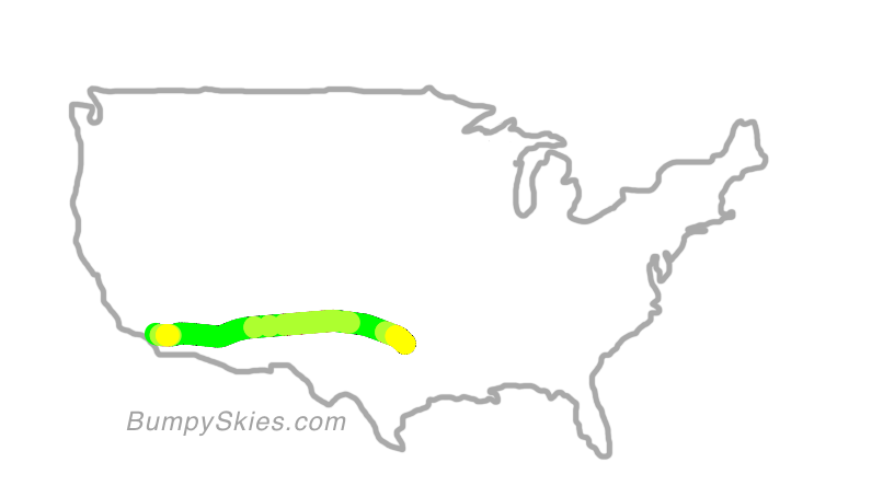 Map of continental US with illustrated flight path and turbulence forecast (described in text below)