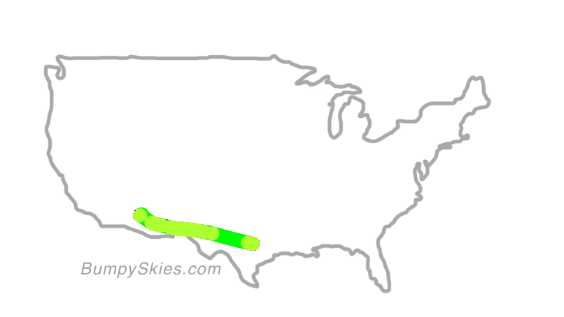 Map of continental US with illustrated flight path and turbulence forecast (described in text below)
