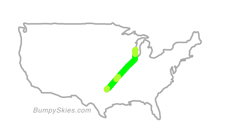 Map of continental US with illustrated flight path and turbulence forecast (described in text below)