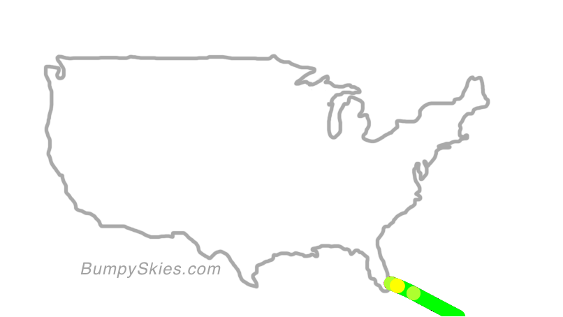 Map of continental US with illustrated flight path and turbulence forecast (described in text below)