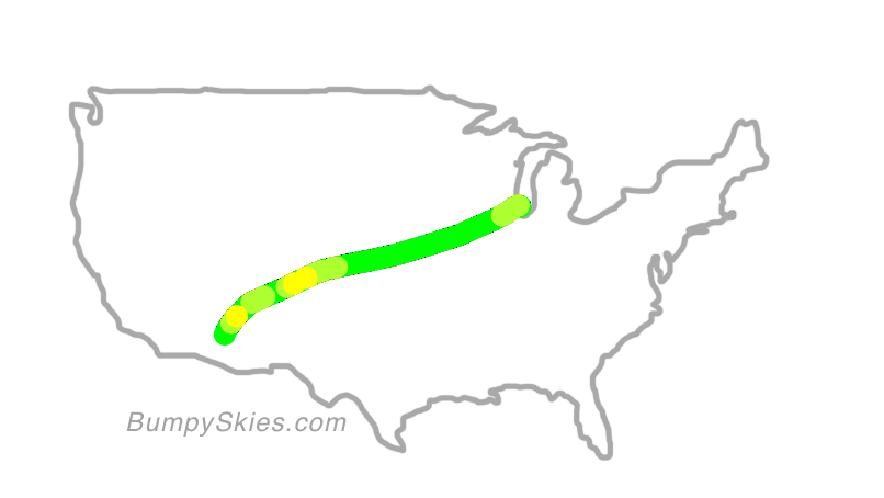 Map of continental US with illustrated flight path and turbulence forecast (described in text below)