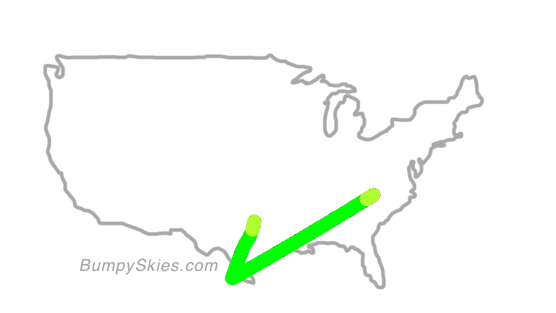 Map of continental US with illustrated flight path and turbulence forecast (described in text below)