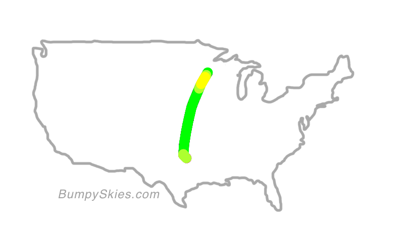 Map of continental US with illustrated flight path and turbulence forecast (described in text below)