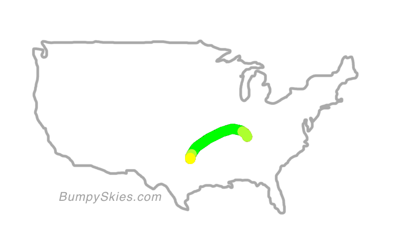 Map of continental US with illustrated flight path and turbulence forecast (described in text below)