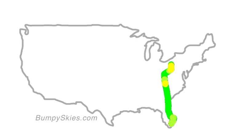 Map of continental US with illustrated flight path and turbulence forecast (described in text below)