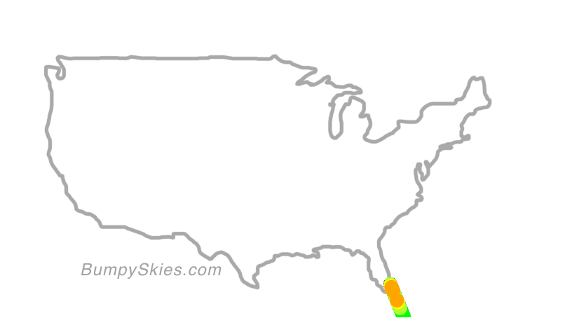 Map of continental US with illustrated flight path and turbulence forecast (described in text below)