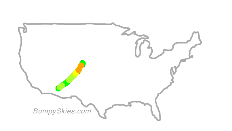 Map of continental US with illustrated flight path and turbulence forecast (described in text below)