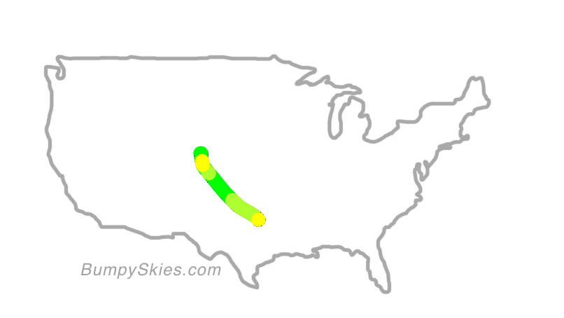 Map of continental US with illustrated flight path and turbulence forecast (described in text below)