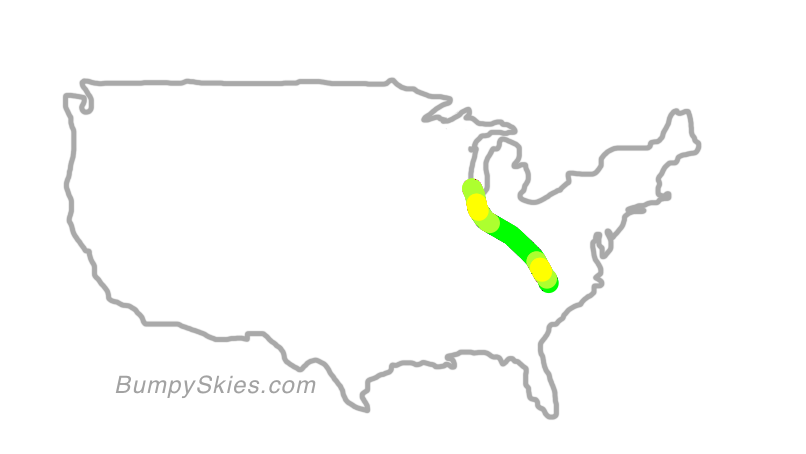 Map of continental US with illustrated flight path and turbulence forecast (described in text below)