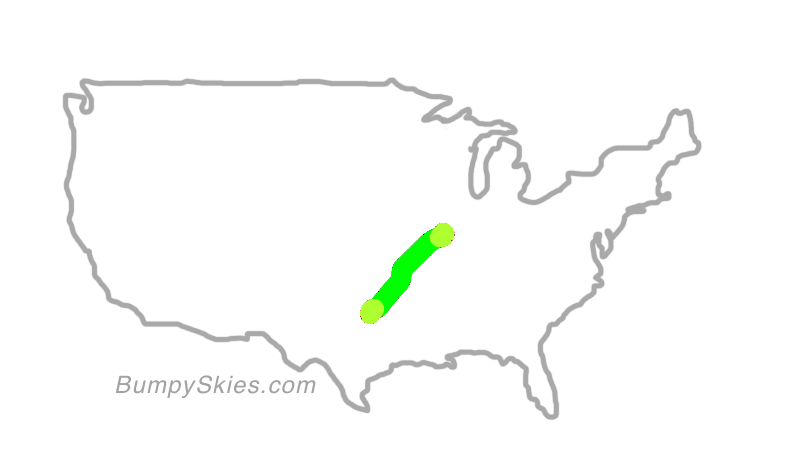 Map of continental US with illustrated flight path and turbulence forecast (described in text below)
