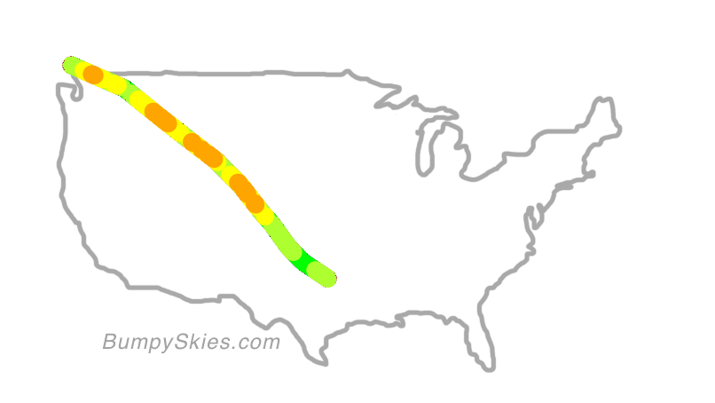 Map of continental US with illustrated flight path and turbulence forecast (described in text below)