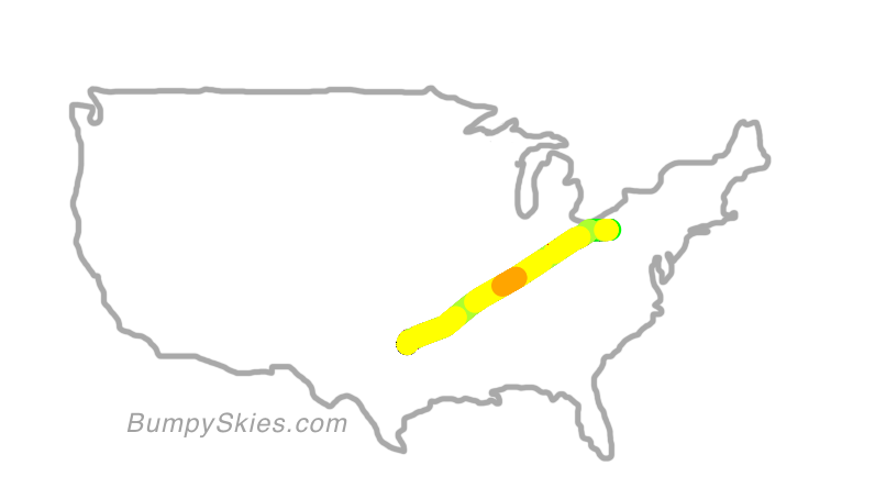 Map of continental US with illustrated flight path and turbulence forecast (described in text below)