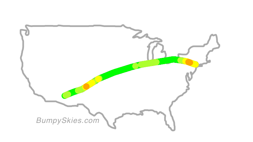 Map of continental US with illustrated flight path and turbulence forecast (described in text below)