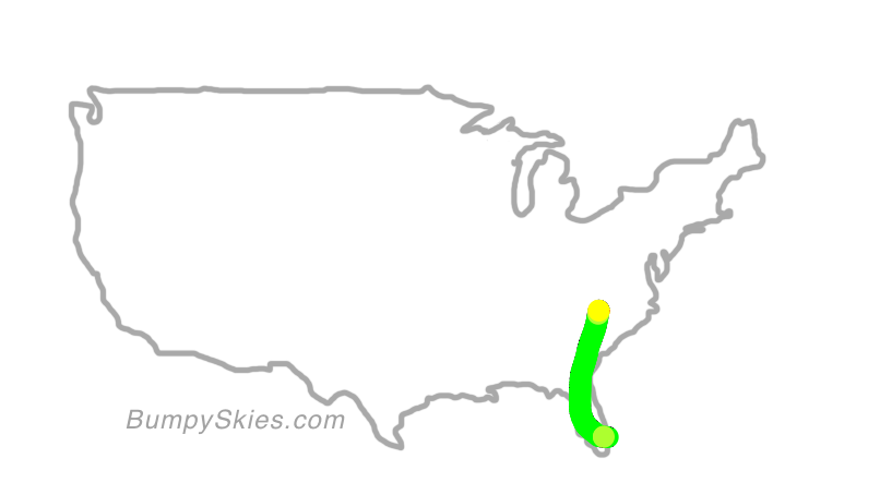 Map of continental US with illustrated flight path and turbulence forecast (described in text below)