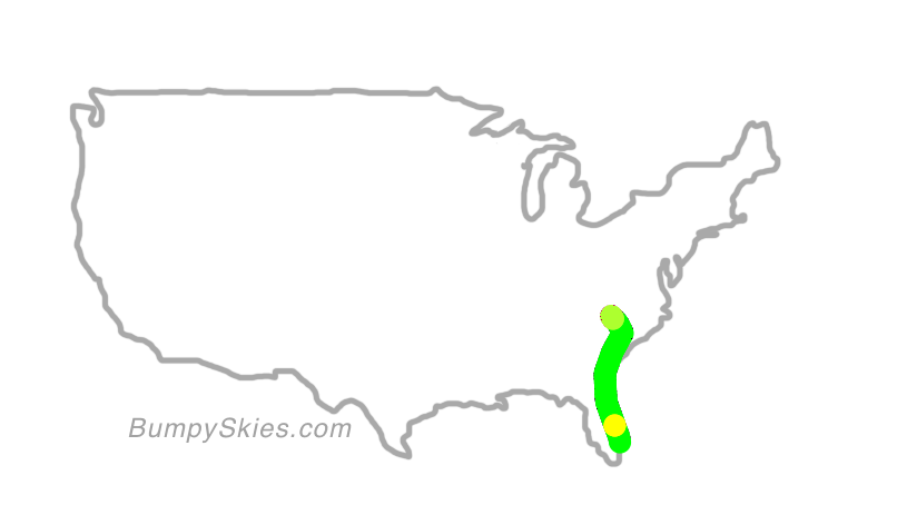 Map of continental US with illustrated flight path and turbulence forecast (described in text below)