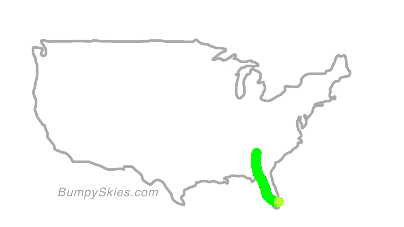 Map of continental US with illustrated flight path and turbulence forecast (described in text below)