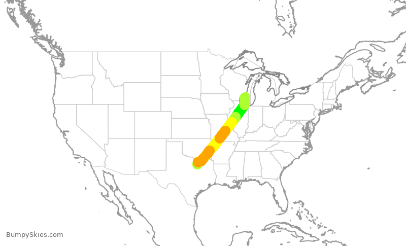Turbulence forecast map for AAL1421, MKE to DFW