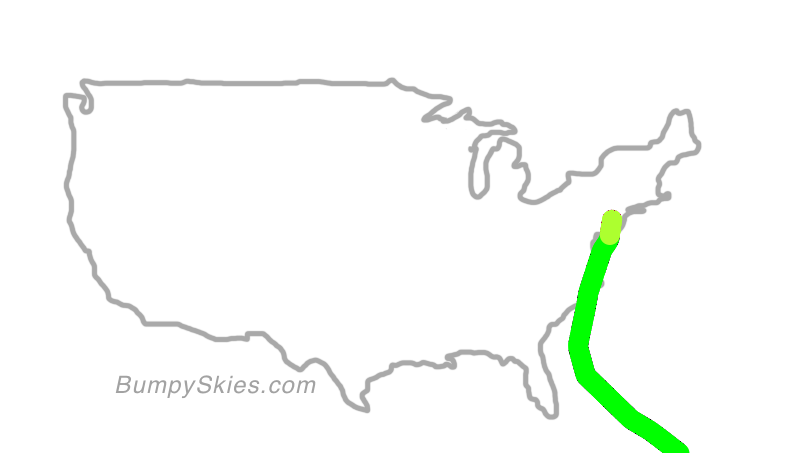 Map of continental US with illustrated flight path and turbulence forecast (described in text below)