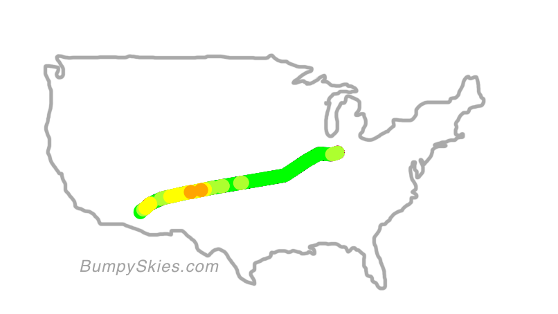 Map of continental US with illustrated flight path and turbulence forecast (described in text below)