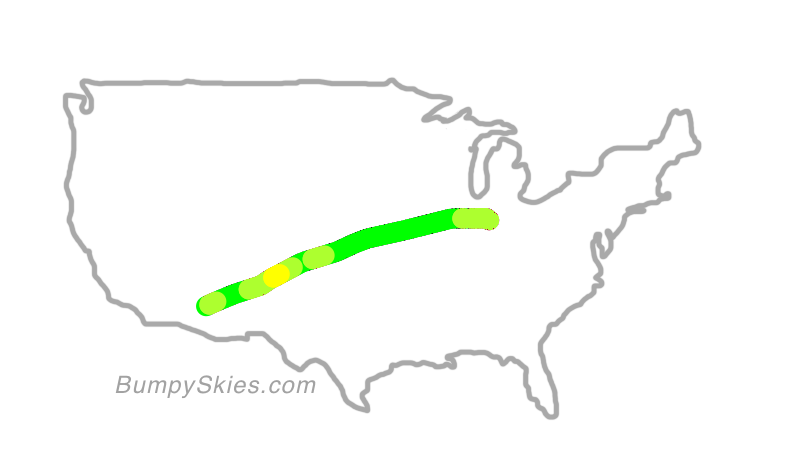 Map of continental US with illustrated flight path and turbulence forecast (described in text below)