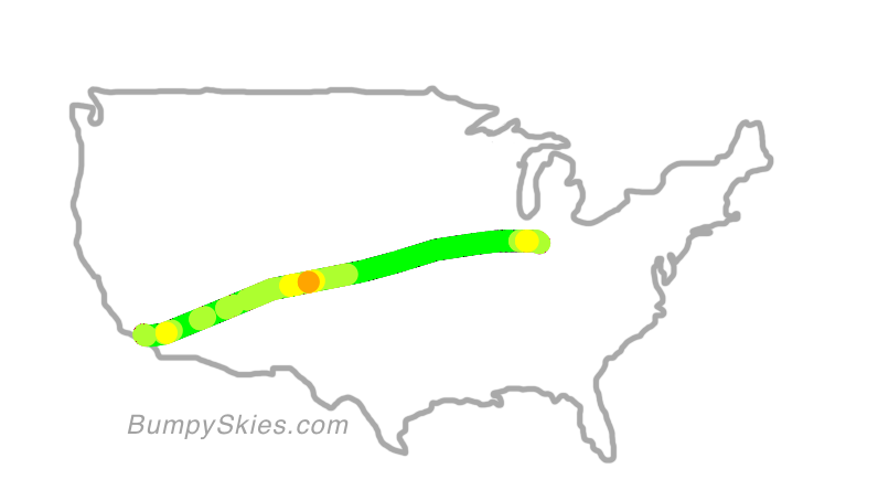 Map of continental US with illustrated flight path and turbulence forecast (described in text below)
