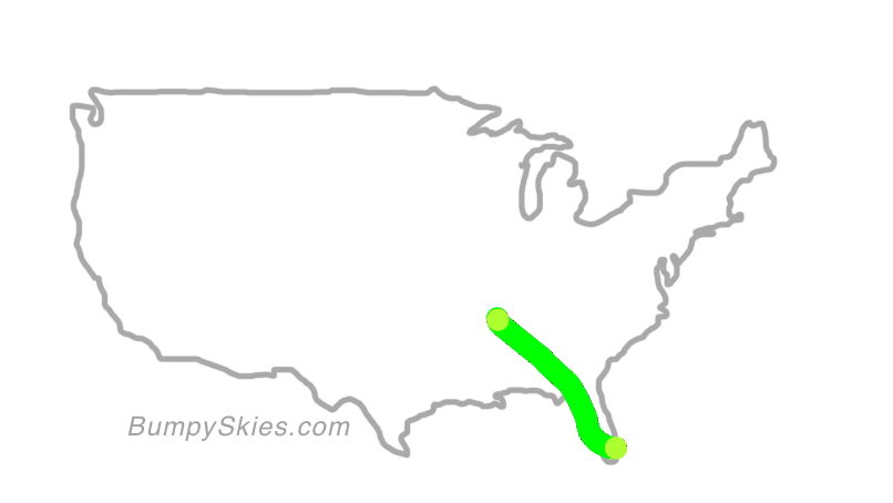 Map of continental US with illustrated flight path and turbulence forecast (described in text below)