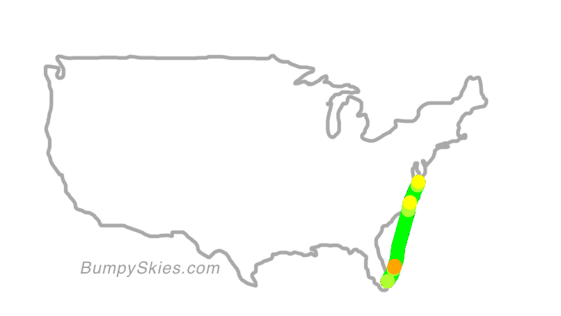 Map of continental US with illustrated flight path and turbulence forecast (described in text below)