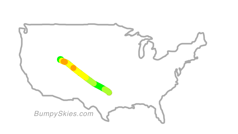 Map of continental US with illustrated flight path and turbulence forecast (described in text below)