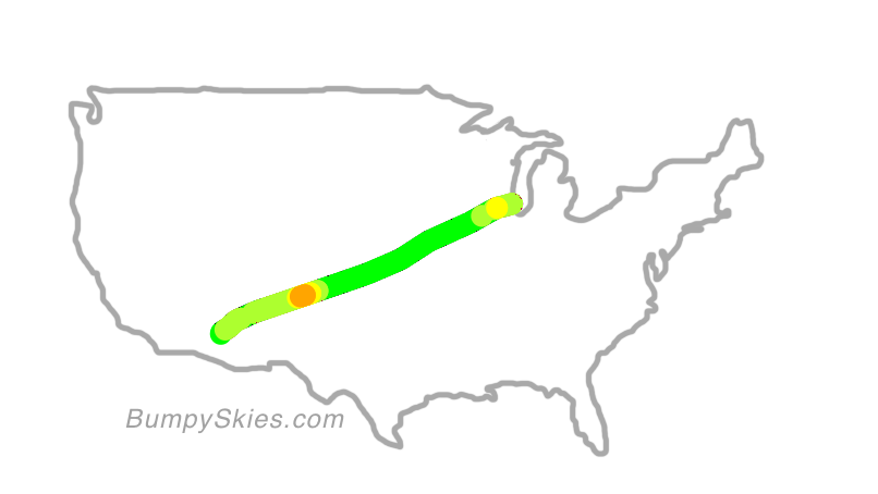 Map of continental US with illustrated flight path and turbulence forecast (described in text below)