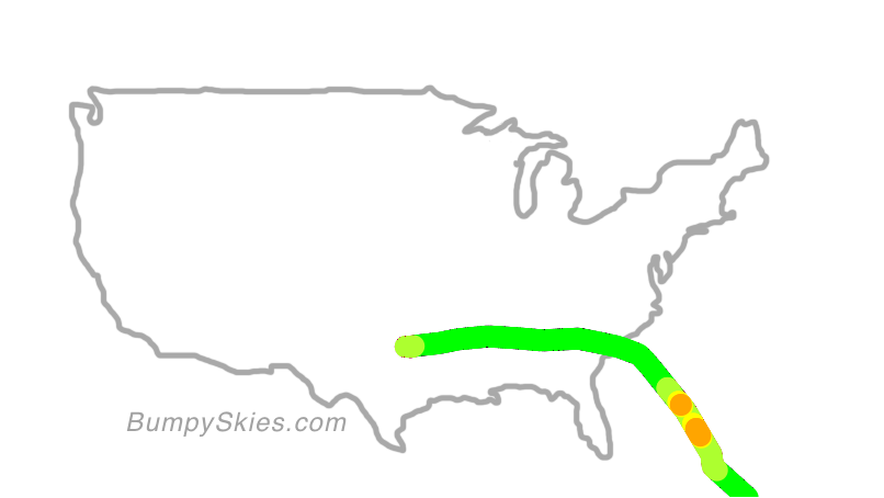 Map of continental US with illustrated flight path and turbulence forecast (described in text below)