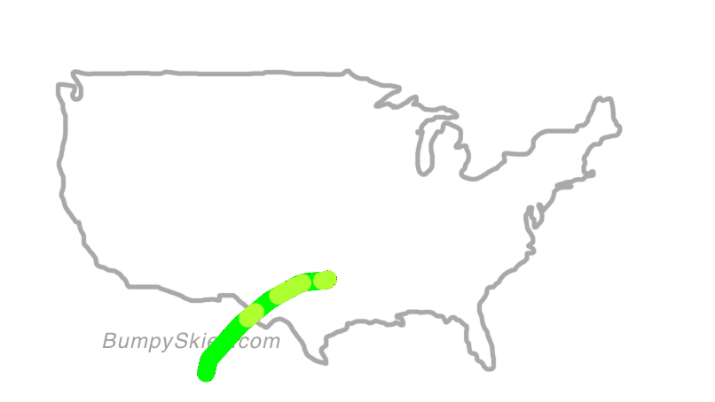 Map of continental US with illustrated flight path and turbulence forecast (described in text below)